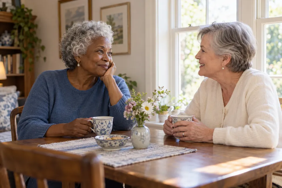 Two older women enjoying tea and conversation.